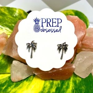Mini Palm Tree Silver Tone Stud Earrings